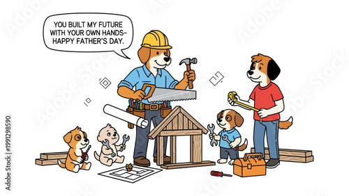 Father's Day Project: Animated canine family working together to build a model house with text You built my future with your own hands-Happy Father's Day.