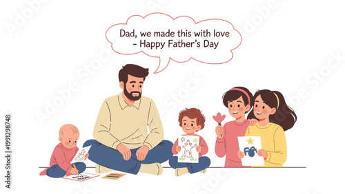Father's Day Dedication: A tender moment unfolds as a father is surrounded by his children, each holding a heartwarming drawing, a tangible expression of their love on Father's Day.