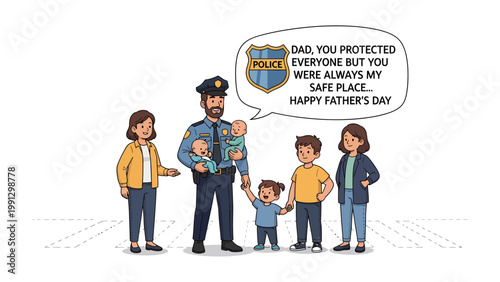 Father's Day Salute: An animated scene of a police officer surrounded by his family, expressing love and appreciation, symbolizing safety and paternal protection.