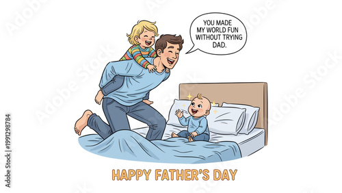 Father's Day Moment: A loving father shares a playful moment with his children. A heartwarming scene of affection and appreciation for dads, illustrated with joyful energy. 