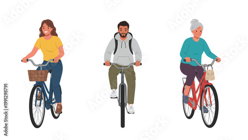 Diverse people cycling: young woman, man, and senior woman riding bicycles. Active lifestyle, eco-friendly transport illustration.