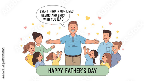 Father's Day Embrace: A heartwarming illustration of a father surrounded by his children, expressing love and gratitude on Father's Day. The scene radiates warmth and family joy.