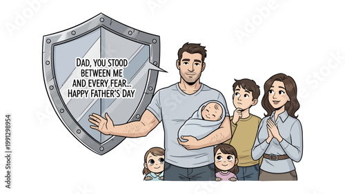 Father's Day Dedication: A heartwarming tribute to fatherhood, with a family united in affection and admiration, surrounded by a shield symbolizing protection, this image speaks of the enduring bond.