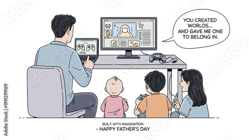 Digital Fatherhood: A father's creative role in shaping virtual realms for his children, the image showcases a father figure in a digital workspace.