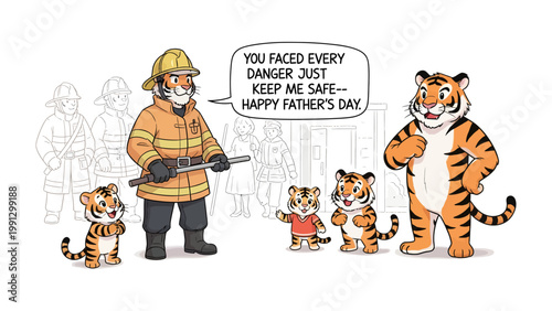 Tiger Father's Day Tribute: A heartwarming cartoon illustration depicts a father tiger, honored as a firefighter, being lauded by his family for his bravery.