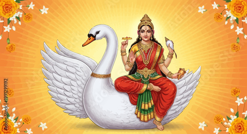 Goddess Saraswati on Swan, Hindu deity of knowledge, music, arts, wisdom, and learning.