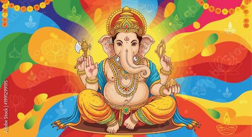 Lord Ganesha colorful illustration, Hindu god, vibrant background, Diwali, Indian culture