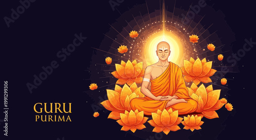 Guru Purnima Meditation: Monk in Lotus Pose Surrounded by Glowing Lotuses, Spiritual Enlightenment