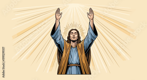 Man with arms raised in worship, bathed in divine light, symbolizing faith and spirituality.