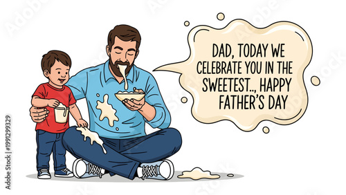Father's Day Messy Moment: A heart-warming illustration of a father and child creating a sweet mess, celebrating the special bond on Father's Day.