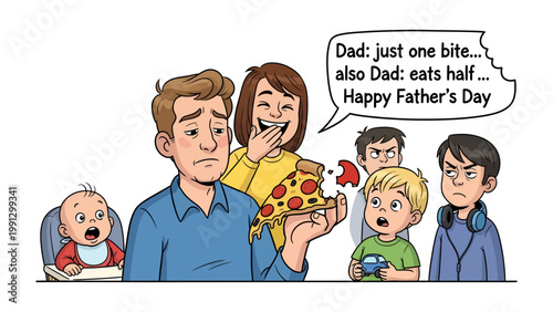 Father's Day Feast: A humorous scene unfolds as a father is tempted by a slice of pizza, the family reacts with a mix of anticipation, and amusement. A perfect illustration for Father's Day. 