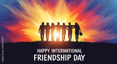 Happy International Friendship Day: Diverse Friends Silhouette Against Vibrant Sunset