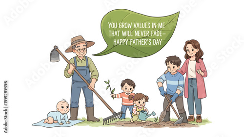 Father's Day Garden Gathering: A heartwarming illustration captures a multigenerational family, actively engaged in a shared gardening experience, symbolizing growth, love.