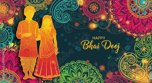 Happy Bhai Dooj: Brother and Sister Silhouettes with Colorful Paisley Background