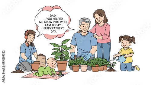 Family Garden of Love: A heartwarming scene unfolds as a family of four, along with a baby, joyfully plants and tends to a vibrant garden, symbolizing growth and togetherness.