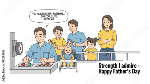 Father's Day Strength: A touching illustration captures a father's unwavering strength, juggling work and family with grace, demonstrating the essence of fatherhood.
