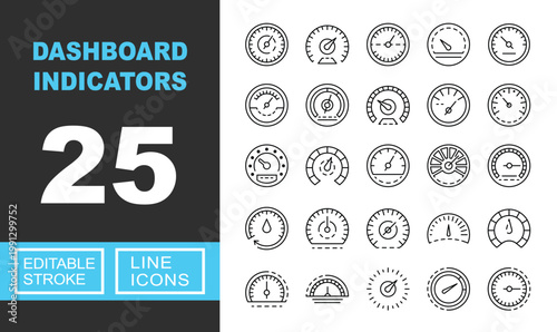 Dashboard Indicators line icon set. Exclusive Dashboard Indicators line icon collection. Containing speedometer, tachometer, gauge, odometer, dial, meter, barometer, indicator, counter, timer. Editabl