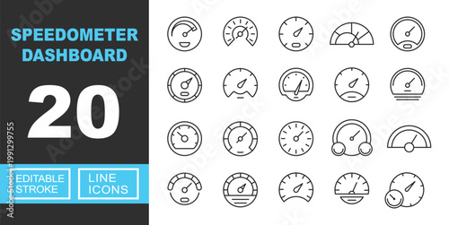 Speedometer line icon set. Exclusive Speedometer line icon collection. Containing Speedometer, Gauge, Dashboard, Meter, Indicator, Tachometer, Dial, Odometer, Counter, Chronometer. Editable stroke.