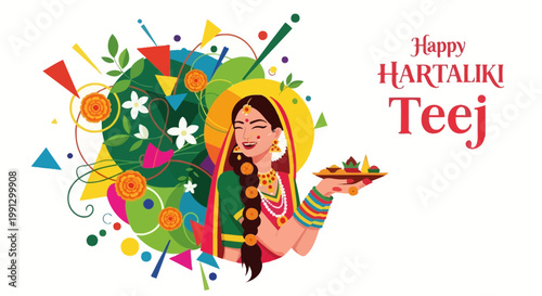 Happy Hartalika Teej Celebration: Woman in Traditional Attire Holding Pooja Thali