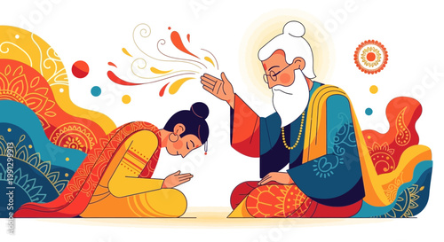 Guru blessing student, Indian tradition, spiritual learning, ancient wisdom, respect, knowledge transfer