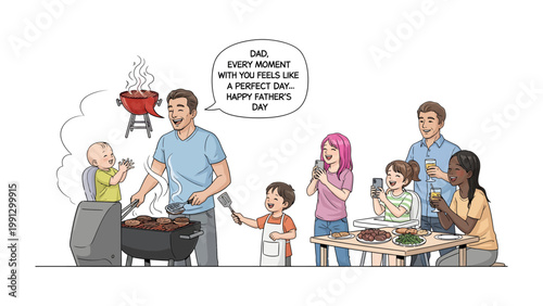Family Cookout: A heartwarming scene unfolds as a family gathers for a cookout, with a father grilling food and the other members of family celebrating their special day. 