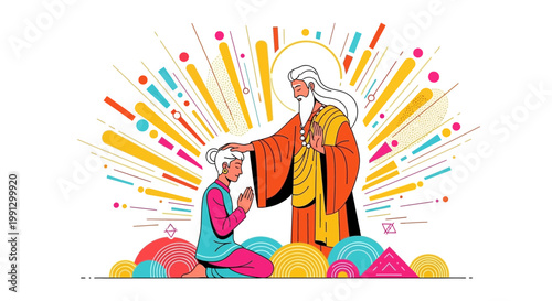 Elderly man blessing kneeling person, spiritual light, abstract colorful background, hope, faith, wisdom