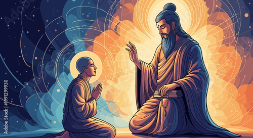 Spiritual Guru Teaching Student, Enlightenment, Cosmic Background, Wisdom, Meditation