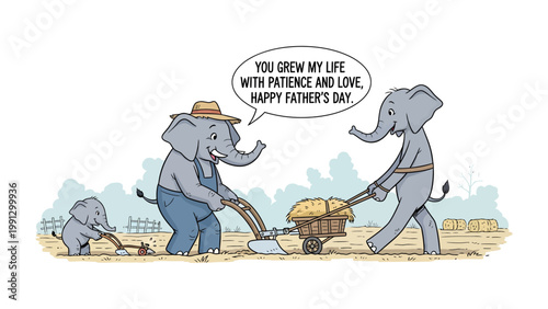 Elephant Family Father's Day: A heartwarming Father's Day illustration, depicting a family of elephants working together in a field, expressing love and gratitude.