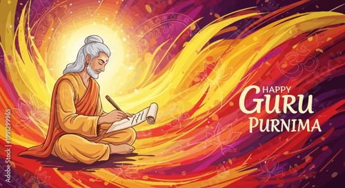 Happy Guru Purnima: Sage Writing Scroll, Spiritual Celebration, Indian Festival