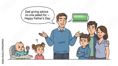 Family Dynamics: A dad provides unsolicited advice, the family watches with amusement, in an amusing comic strip for Father's Day.