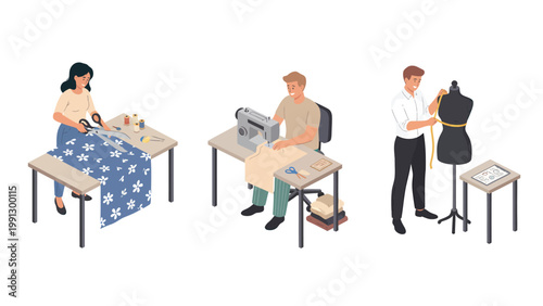 Isometric Tailoring & Fashion Design Process: Seamstress, Tailor, & Designer at Work. Garment Creation Stages