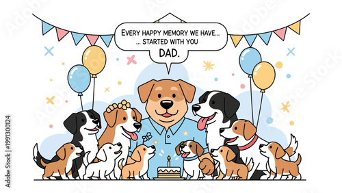 Dog Father's Day: A heartwarming illustration showcases a dog father surrounded by his puppies, celebrating Father's Day with balloons, garlands, and a birthday cake.