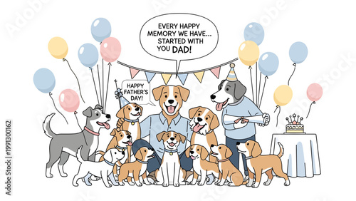 Father's Day Pup Party: A heartwarming illustration captures a canine celebration with pups and their dad gathered around for a Father's Day party.