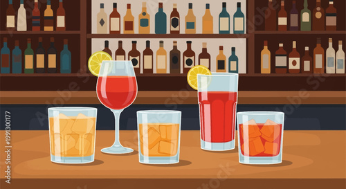Vector illustration of different alcoholic beverages like whiskey on the rocks and red cocktails with lemon garnishes on a wooden bar counter with liquor bottle shelves background.
