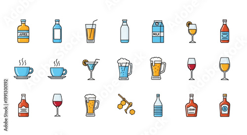 Comprehensive set of 21 drink and beverage line icons featuring coffee cups, beer mugs, wine glasses, cocktail drinks, juice bottles, milk cartons, water, and liquor bottles.