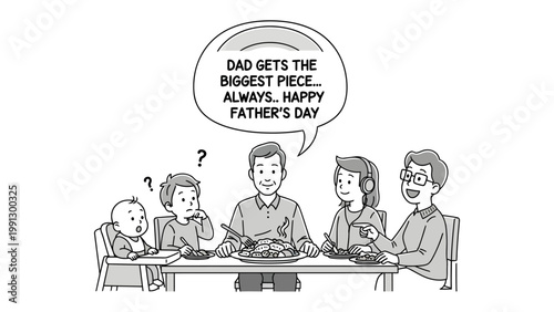 Family Gathering on Father's Day: A heart warming illustration shows a family gathered around a dinner table on Father's Day, each member enjoying a meal together in unity.