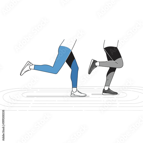 Two runners in motion, stylized illustration of athletic legs in leggings and sneakers on track