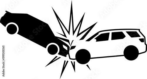 Two cars colliding in head-on crash with impact burst sparks, road traffic accident collision concept, bold black silhouette illustration isolated on background