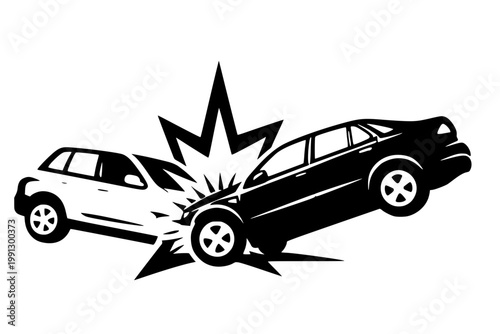 Silhouette illustration of a car crash involving two vehicles. The impact represents road accidents, insurance claims, safety risks, collision damage, and traffic danger.
