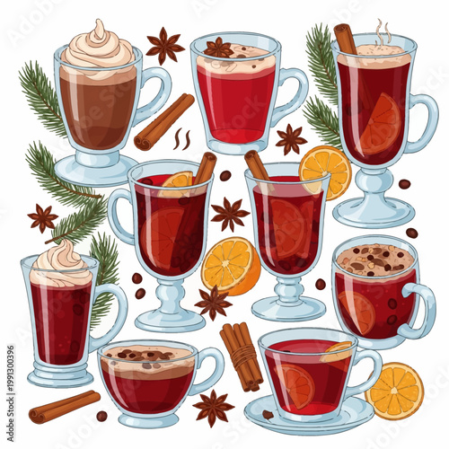 Vector illustration of festive hot drinks like mulled wine, hot chocolate with whipped cream, and spiced cider in glass mugs with cinnamon, star anise, orange slices, and pine branches.