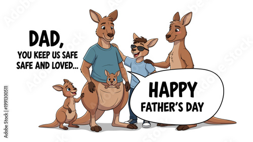 Happy Father's Day with Kangaroo Family: A heartwarming illustration captures a loving kangaroo family, celebrating Father's Day with affectionate display and heartfelt message.