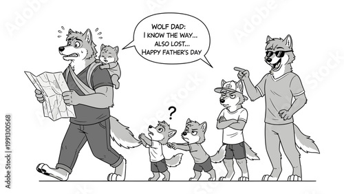 Lost in Translation: A charming illustration depicts a comical family adventure where the wolf dad struggles with directions on a map, much to the amusement of his family.