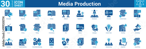 Media Production editable icon set vector illustration concept for business with icon of Newspaper, Magazine, Brochure, Catalog, Billboard, Broadcaster, Broadcaster, Animation, Content Creator.