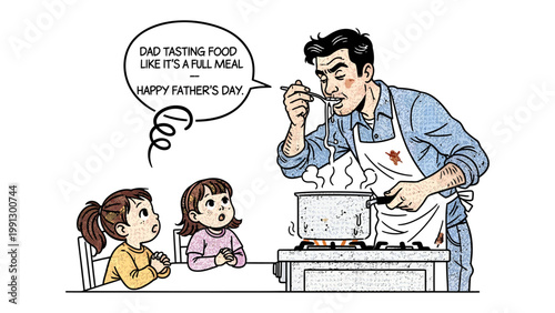 Fathers day and family in kitchen: A tender scene unfolds as a father tastes food while his children watch, evoking warmth and appreciation on Fathers Day. A moment of culinary bonding.