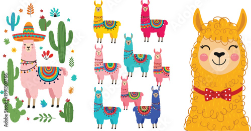 Cute llama cartoon character collection with colorful patterns and cactus elements vector illustration set of adorable alpaca animals
