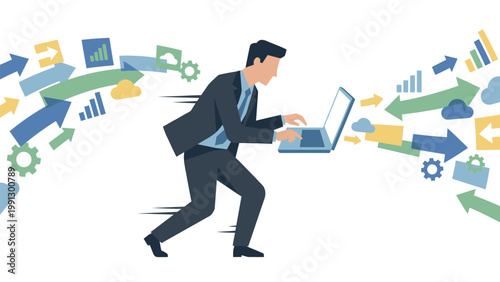 Businessman rapidly typing on laptop, surrounded by flowing data and business icons. Fast digital information processing workflow.