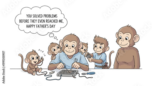 Father's Day Monkey Family: A heartwarming scene unfolds as a family of playful monkeys celebrates Father's Day, with a son expressing gratitude for solving problems before they arise.