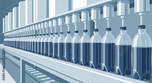 Vector illustration of an automated industrial beverage bottling line featuring plastic PET bottles being filled with dark liquid by mechanical nozzles on a production conveyor.