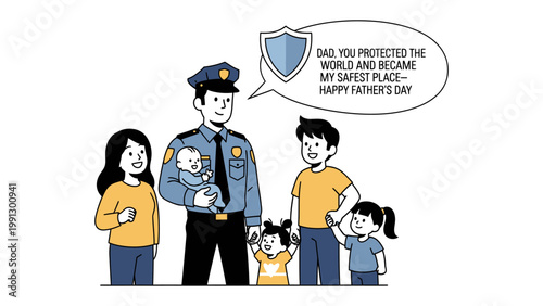 Father's Day Salute: A heartfelt tribute to a heroic father, depicted in a touching scene with his family, emphasizing his protective role and love.