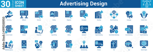Advertising Design editable icon set vector illustration concept for business with icon of Advertising, Billboard, Brochure, Catalog, Magazine, Newspaper, Branding, Brand Positioning, Campaign.